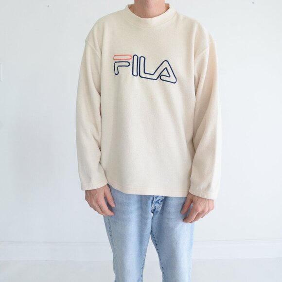 Vintage Fila Cream Embroidered Logo Crew Neck Fleece Sweater Medium - Picture 1 of 10